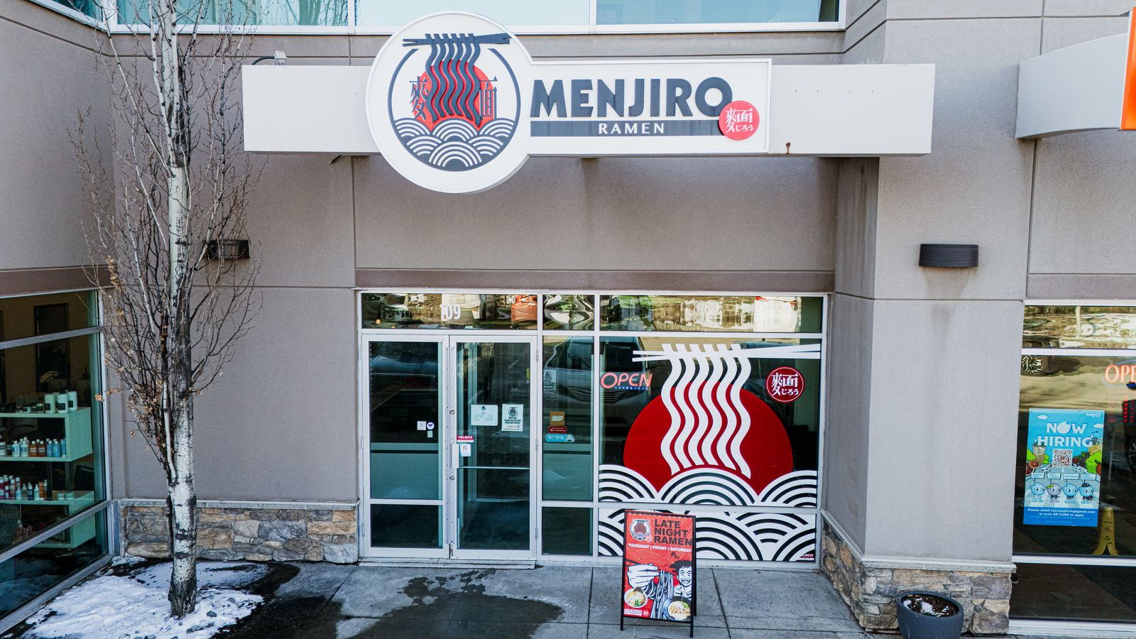 Menjiro Ramen storefront on Calgary Trail with the red noodle logo on the window