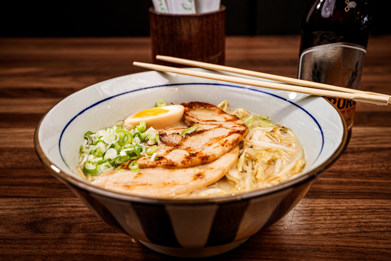 Tonkotsu ramen with grilled chashu, soft egg, bean sprouts and green onion